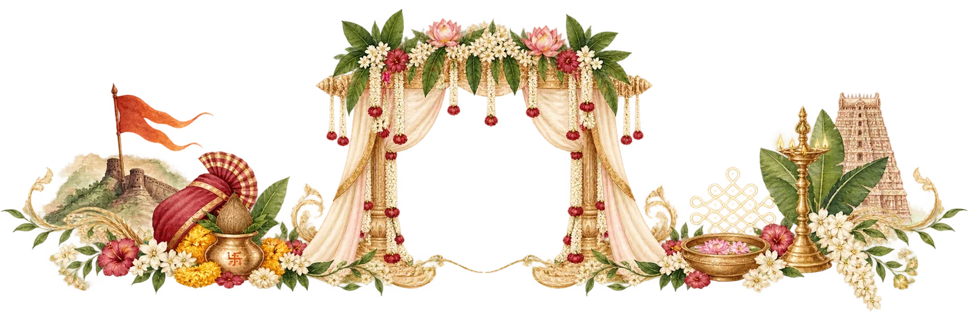 Marathi and Tamil wedding traditions joined beneath one mandap